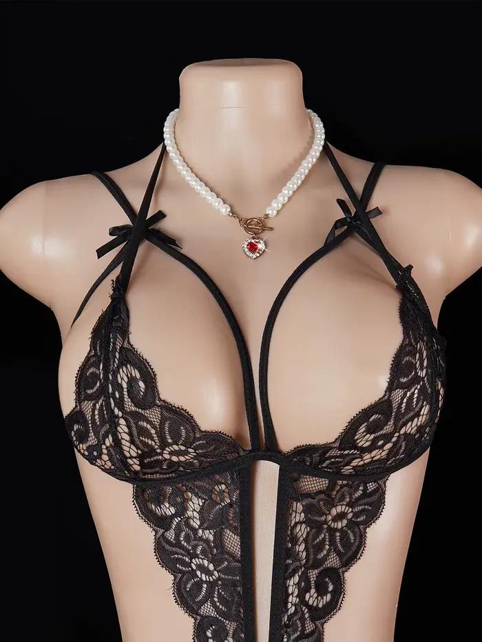 Lingerie Sexy sans entrejambe pour femmes, exotique, dentelle creuse, robe de poupée, soutien-gorge ouvert en V profond, transparent, nœud papillon, body sans couture