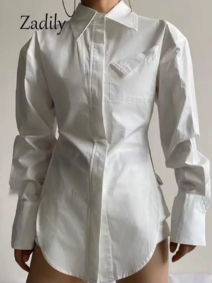 Zadily jeseň 2025 nové streetwearové dlhé rukávy biela košeľa pre ženy minimalistické vrecko gombíková dámska tunika