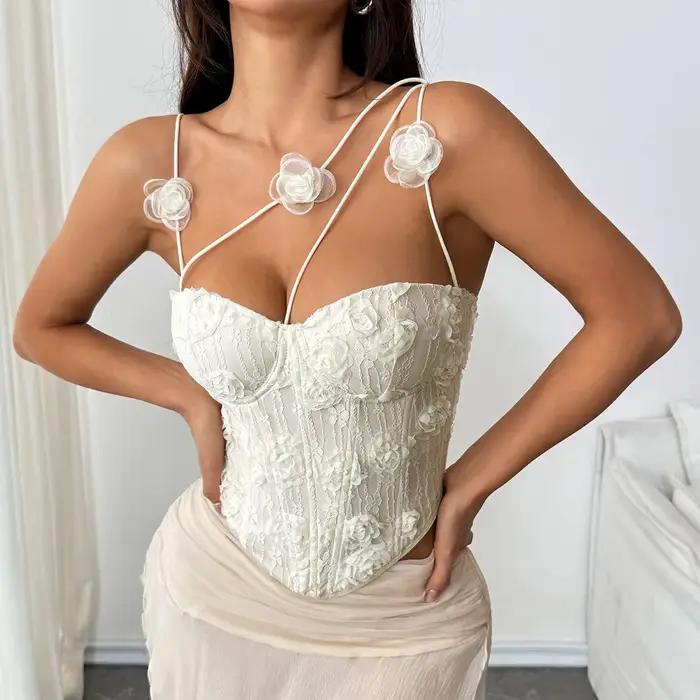 Corset chic pour femme en dentelle 3D rose crème, bretelles spaghetti croisées, bustier pour streetwear et clubwear