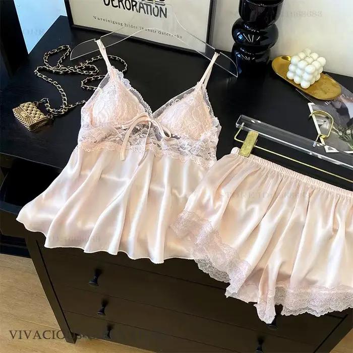 Ensemble pyjama à bretelles pour femmes, vêtements de salon, Sexy, ajouré, dentelle, Lingerie intime, vêtements de nuit, haut et short à bretelles, vêtements de maison, nouvelle collection été