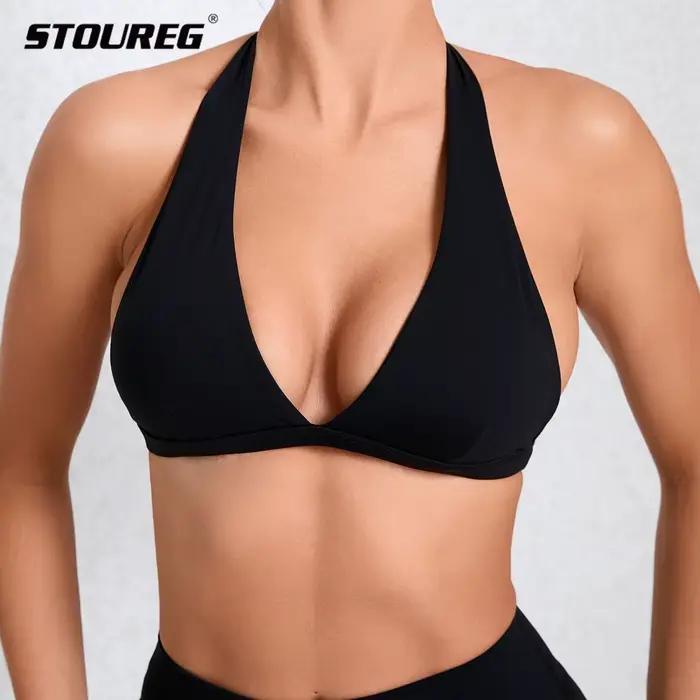 Soutien-gorge de Sport Sexy à col en v pour femmes, sous-vêtements de Sport, col licou, haut dos nu pour Fitness, vêtements de Yoga, soutien-gorge actif avec bonnets, blanc