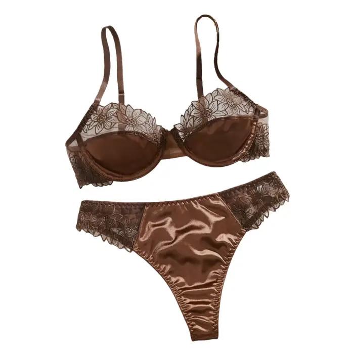 Ensemble de soutien-gorge sexy 2 pièces avec broderie florale - Ensemble de lingerie semi-transparente à armatures brodées de tournesol, idéal pour les dates, offre spéciale