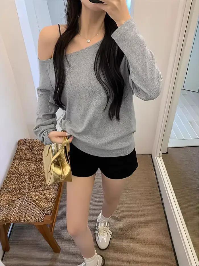 Tielko s dlhými rukávmi mimo ramena pre ženy jar jeseň voľné sexy jednoramenné top dámske ležérne základné