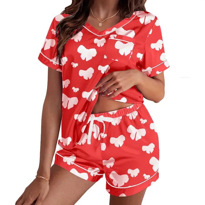 Léon's Day-Pyjama en satin imprimé cœur pour femme, ensemble de vêtements de détente, manches courtes, short en Y, vêtements de détente 2 pièces