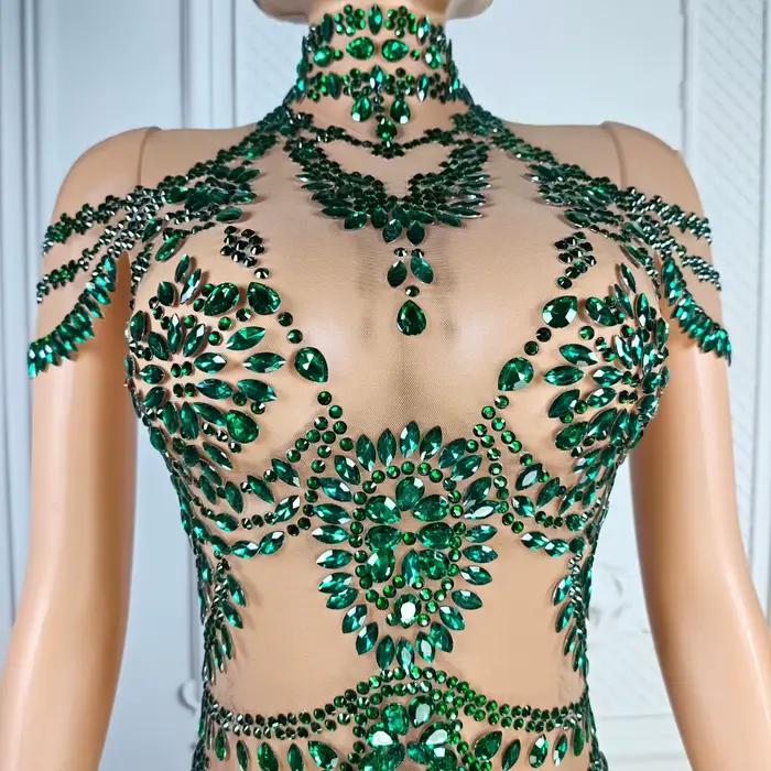 Justaucorps scintillant en strass pour femme, sexy, en maille transparente, pour soirée, spectacle de danse, costume de scène pour chanteuse et danseuse
