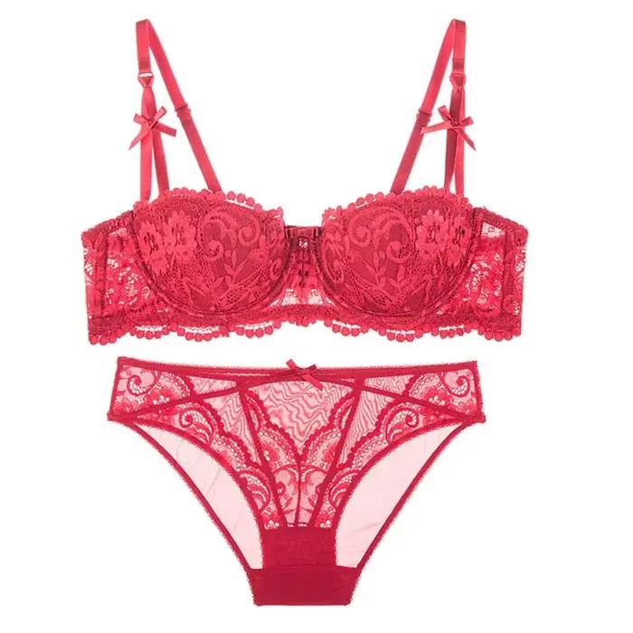 Ensemble cadeau de Lingerie de noël Sexy, dentelle noire transparente, demi-tasse, soutien-gorge et culotte, Ultra fin, transparent, grand sous-vêtements Tushy, cadeau de noël
