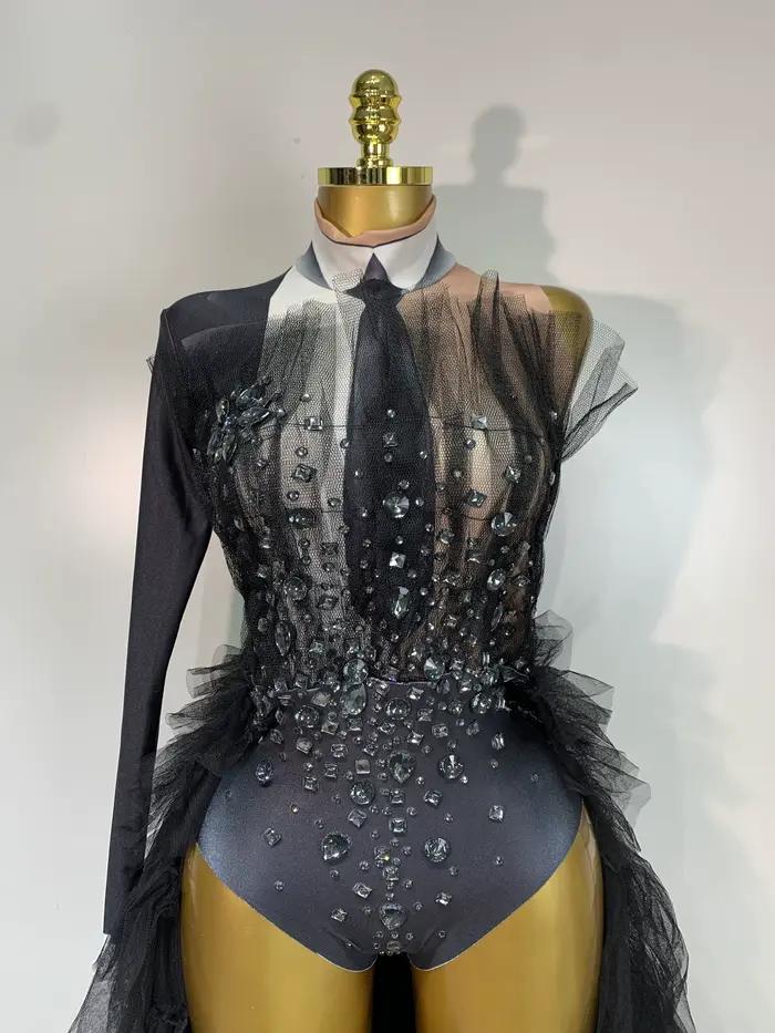 2025 nouveau body noir Perspective femmes Sexy chanteur danse scène Performance Costume soirée anniversaire Photo Shoot tenue