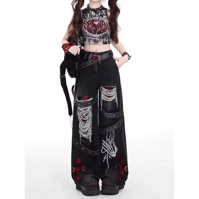 Americký štýl pikantné dievča voľné lenivé a uvoľnené džínsy žena punk retro prané módne všestranné nohavice