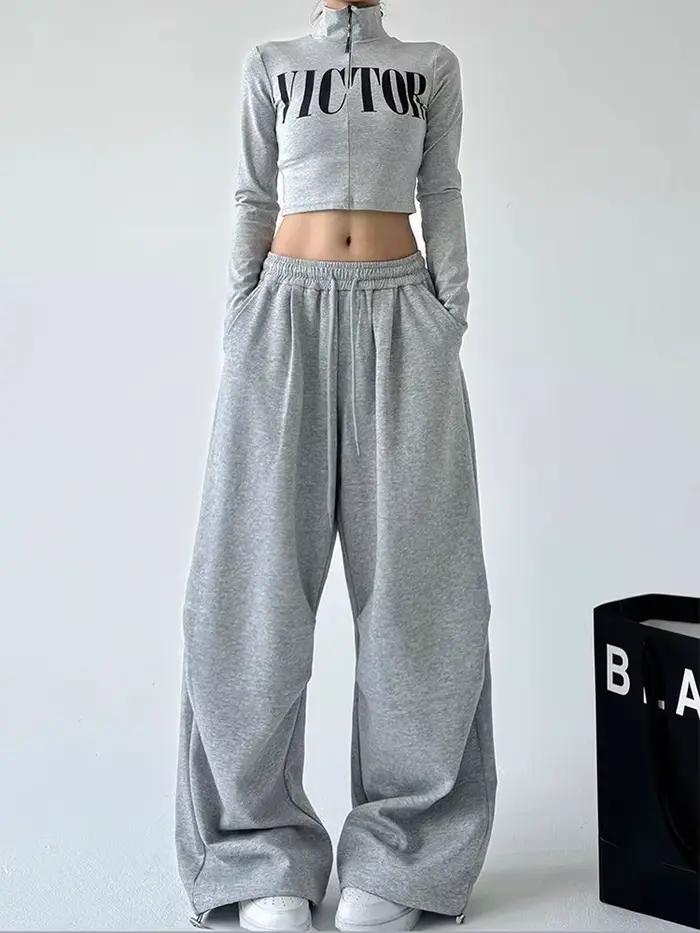 Y2K Harajuku široké nohavice na jogging pre ženy Streetwear Baggy oversized sivé športové