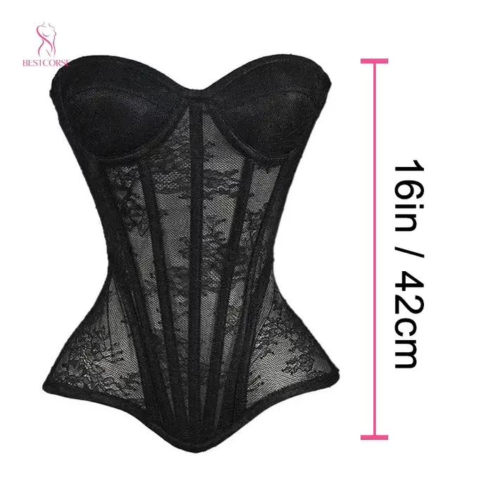 XXS corset femme luxe victorien élégant noir sexy en maille, bustier extrême moulant avec bonnets, baleines en acier, serre-taille sculptant les courbes.corse