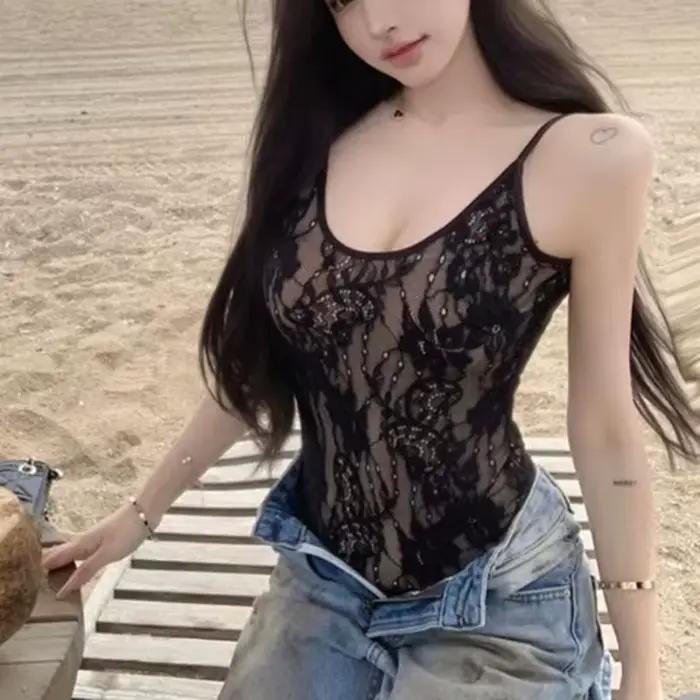 Hottie Style Sexy dentelle body Vintage Sexy voir à travers dos nu Spaghetti sangle combinaison femme fronde coupe ajustée barboteuses combishort
