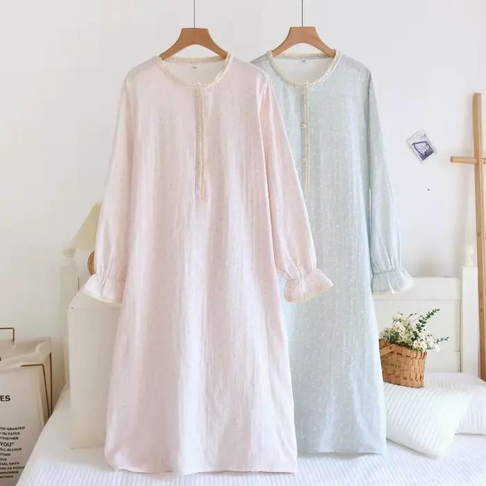 Chemise de nuit ultra-douce 100 % pur coton double gaze pour femme, respirante, motif floral frais, manches longues, robe de détente