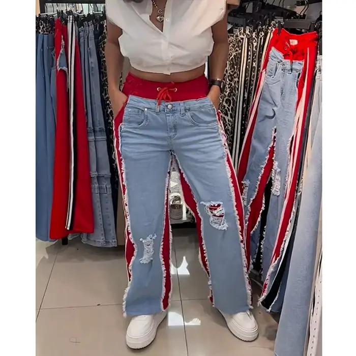 Jeans longs femme avec ceinture haute et nœuds aux chevilles style streetwear pour toutes les saisons occasions spéciales