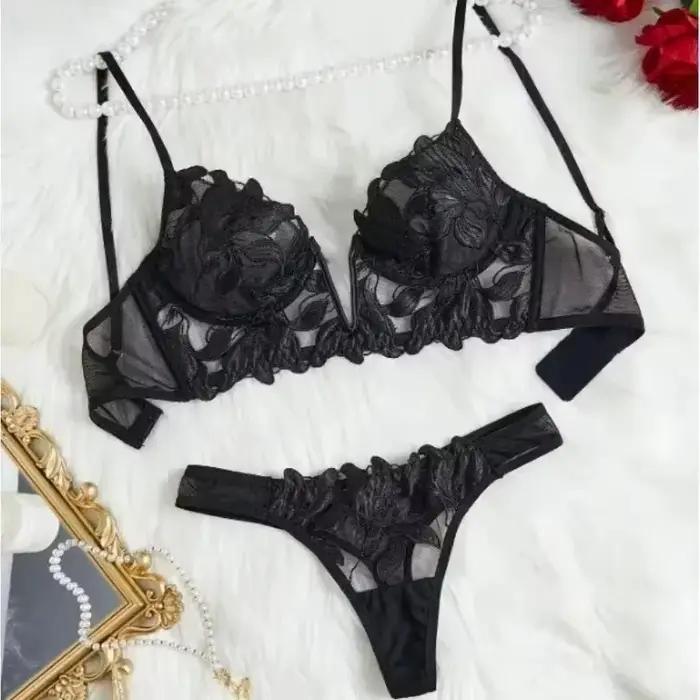 Ensemble de lingerie féerique florale Saint-Valentin : Culotte séduisante, nuisette sexy, ensemble de lingerie fantaisie en V pour femme, soutien-gorge transparent