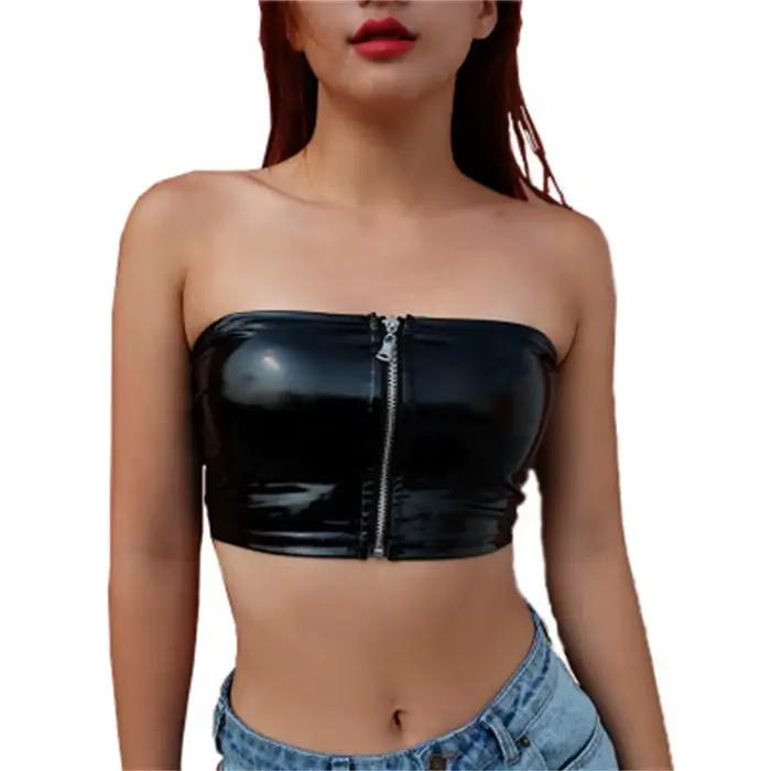 Sexy krátke tielko z lesklej umelej kože PU s čiernym zipsom