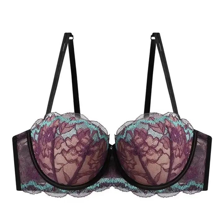 Soutien-gorge minimisateur en dentelle violette tendance pour poitrine généreuse, avec bonnets fins, soutien anti-affaissement, lingerie sexy et confortable à armatures pour l'été, pour femme, usage q