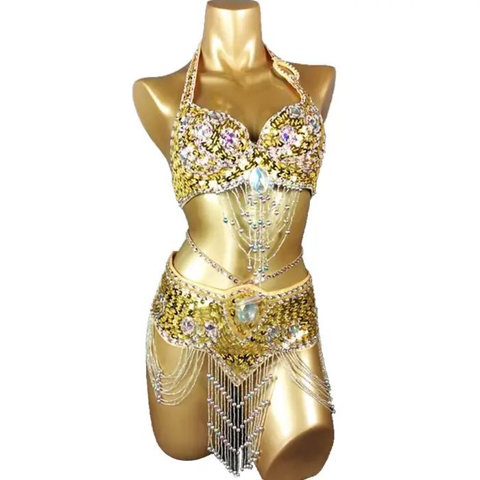 Vente chaude femmes perles paillettes danse du ventre Suite ceinture + soutien-gorge Samba Costumes Club USA soutien-gorge taille 34B,36B,38B,40B,34D,36D,38D,40D
