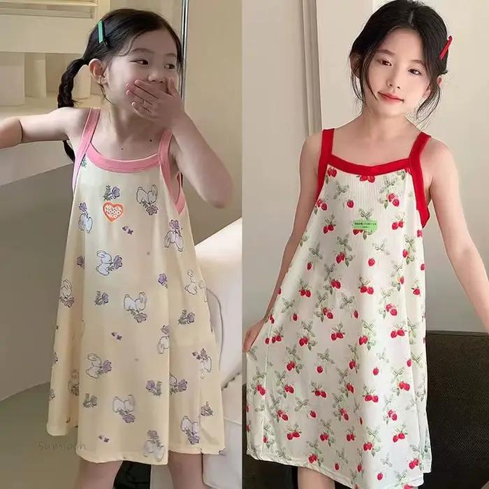 Robe de nuit pour filles de 2 à 13 ans, vêtements pour enfants, pyjama coréen d'été pour enfants, robe de nuit pour fille, bleu, rouge, floral, vêtements de maison