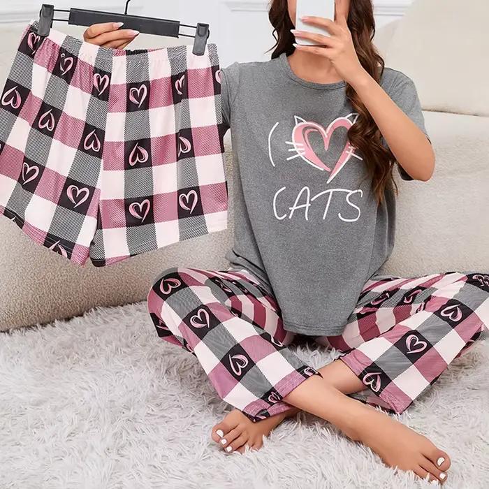 Pyjama Femme costume de maison doux confort vêtements de nuit vêtements de détente autumer col rond hauts et shorts pyjama pantalon 3 pièces Pyjama Femme