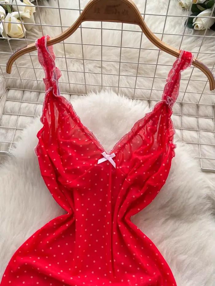 Foamlina 2025 été maille moulante Mini robe pur désir fille chaude licou à pois taille cintrée jupe ajustée rouge Mini robe