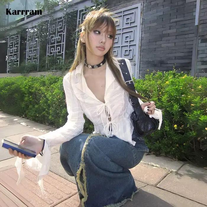 Fairycore V-výstrih plisovaná košeľa so šnurovaním