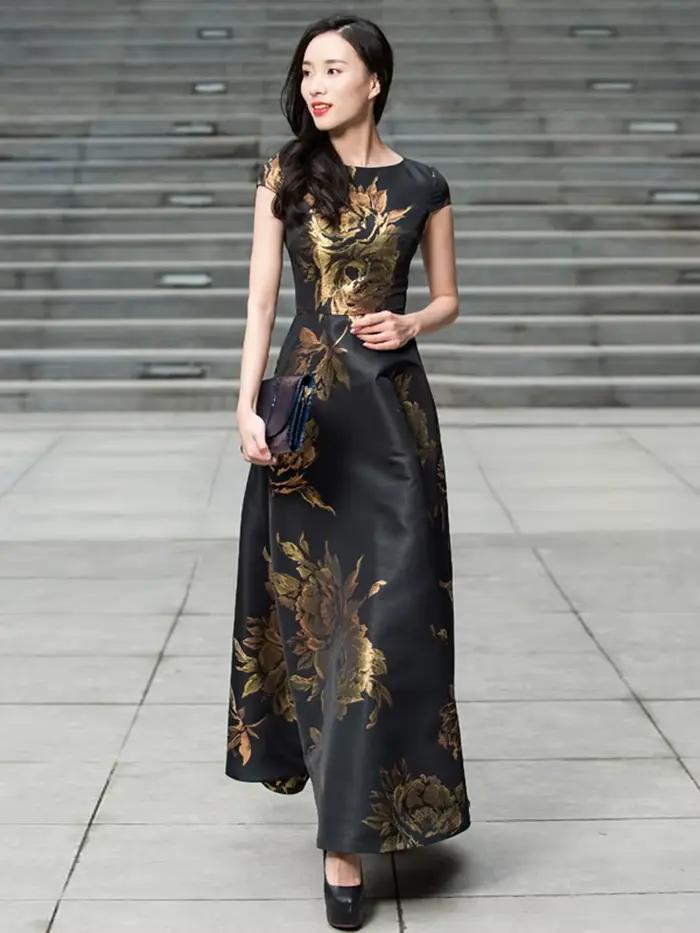 Elegantné vintage žakárové šaty pre ženy s vypasovaným pásom a rozšírenou maxi siluetou