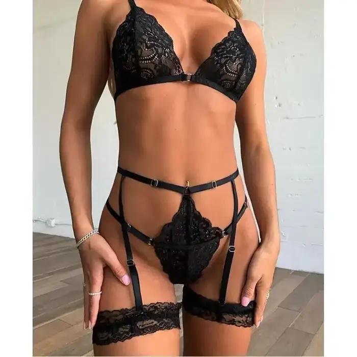 Conjunto de Tanga para mujer, Body Sexy de encaje con aros, disfraces sexys para mujer, sujetador y bragas, ligas