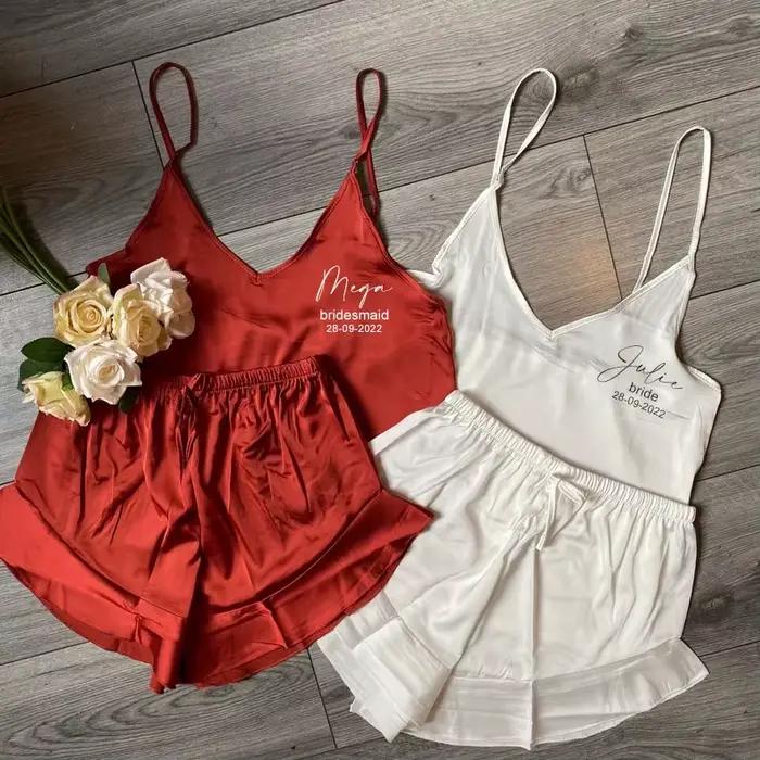 Ensemble de pyjama court en satin à volants pour demoiselle d'honneur, pyjama de mariage personnalisé, vêtements de nuit pour patients, cadeau de mariée