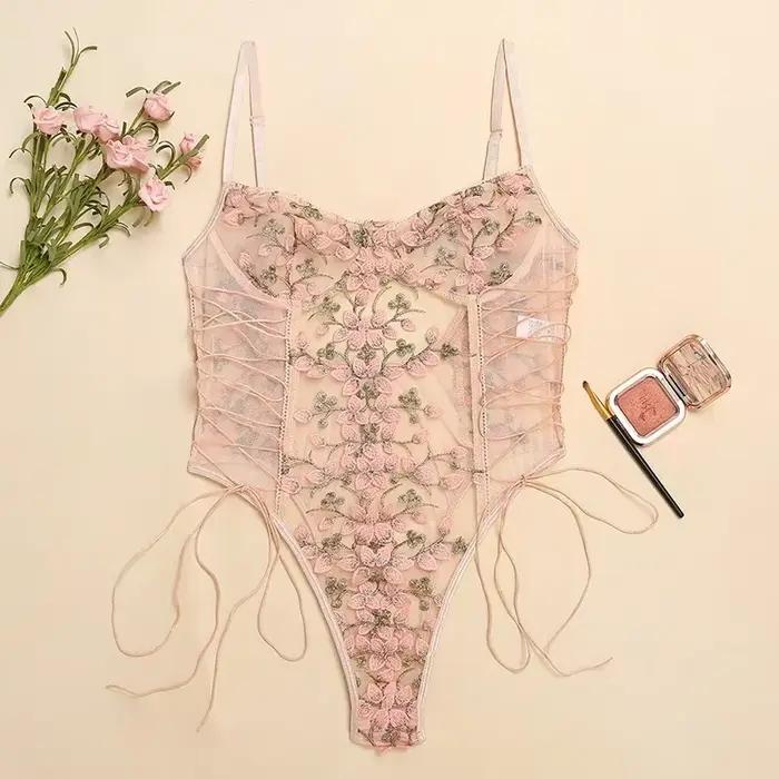 Lingerie sexy pour femmes, combinaison à lacets avec broderie florale, body moulant sans manches, combinaison transparente en maille