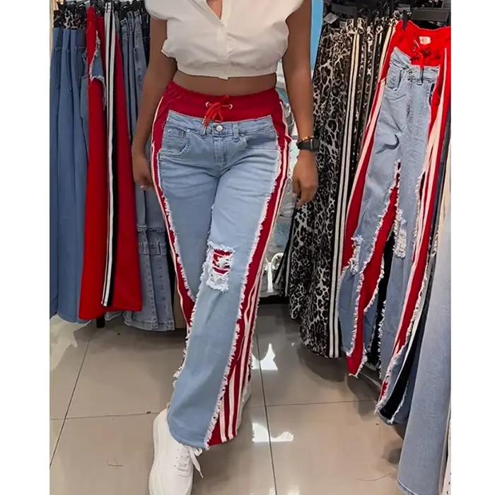 Jeans longs femme avec ceinture haute et nœuds aux chevilles style streetwear pour toutes les saisons occasions spéciales