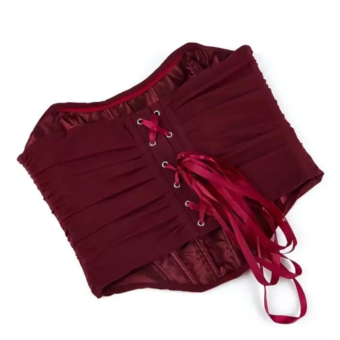 Elegantné červené víno sieťovaný riasený rybí stužka kravata holý chrbát zakrivený lem Bustier Korzet Bodyshaper Klubový top tubulárny