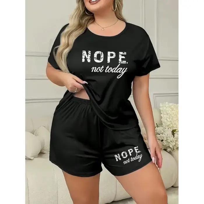Ensemble pyjama imprimé lettres, t-shirt à manches courtes et short élastique, grande taille, tenue décontractée pour femmes, vêtements de sport, vêtements de détente, vêtements de maison