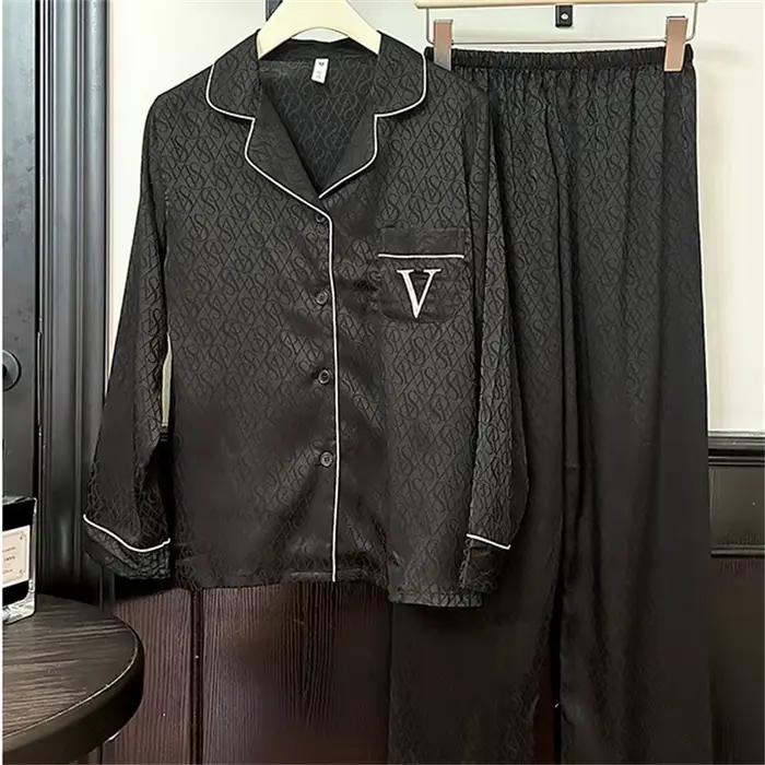Ensemble pyjama imprimé vert, manches longues, vêtements de nuit pour femmes, luxe, rayonne, vêtements de maison, lettre V, vêtements de détente, 2 pièces