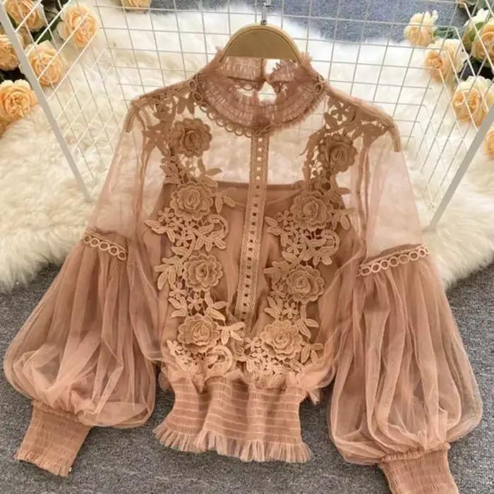 Dlhé rukávy nadýchaná čipka Vintage blúzka Módne elegantné blúzky pre ženy Kórejské