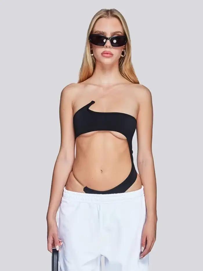 Body asymétrique Sexy, Lingerie ajourée, hauts noirs pour femmes, tenue de plage, Super courte, une pièce, moulante