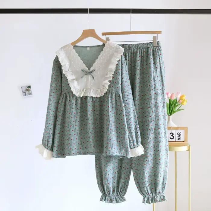Princesse Cottagecore pyjama ensemble femmes Vintage dentelle col vêtements de nuit mignon coeur imprimé crêpe coton vêtements de détente 2 pièces coton doux