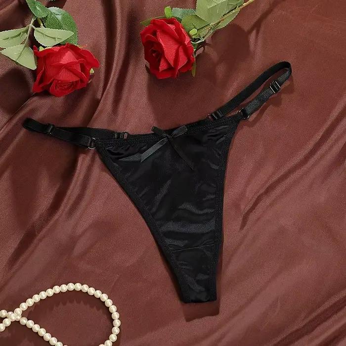 String ajustable taille basse en satin transparent avec nœud, culotte brodée transparente, lingerie féminine, culotte romantique en T pour femme