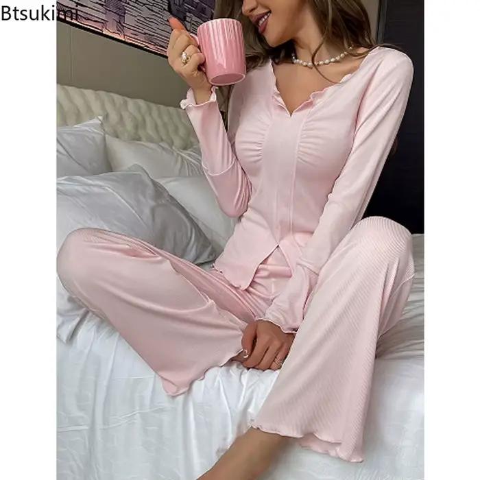 Ensemble pyjama sexy pour femmes, col en V, plissé, manches longues, haut et pantalon haut de gamme, vêtements de détente, 2 pièces, printemps-automne