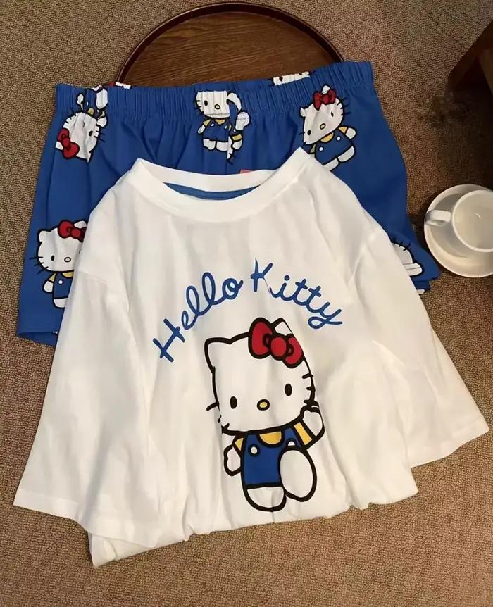 Ensemble pyjama Hello Kitty blanc et bleu pour femme, col rond, ensemble court, vêtements de détente, dessin animé animal mignon, vêtements de maison, cadeau pour filles
