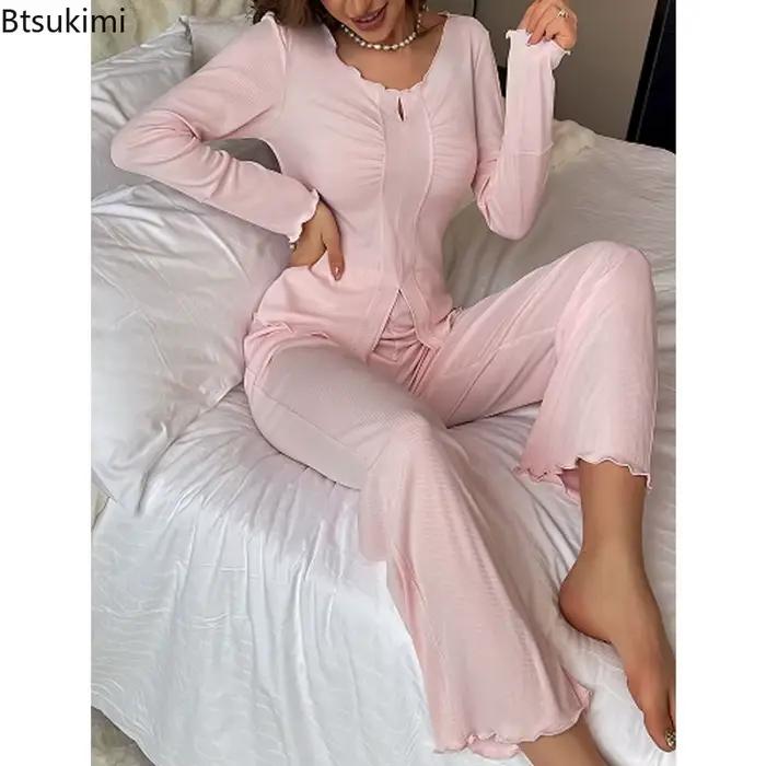 Ensemble pyjama sexy pour femmes, col en V, plissé, manches longues, haut et pantalon haut de gamme, vêtements de détente, 2 pièces, printemps-automne