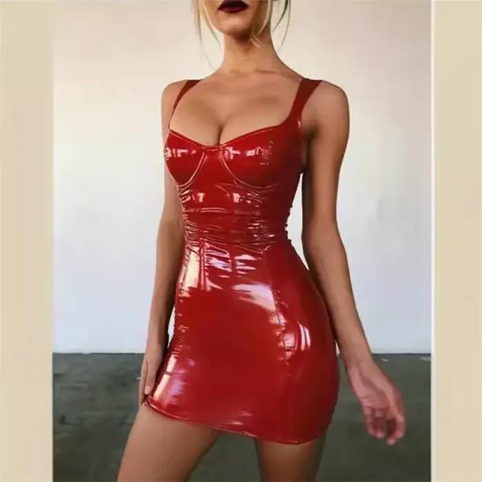 Lesklé lakované kožené šaty bez rukávov pre ženy Sexy vypasovaný strih Zavinovacie