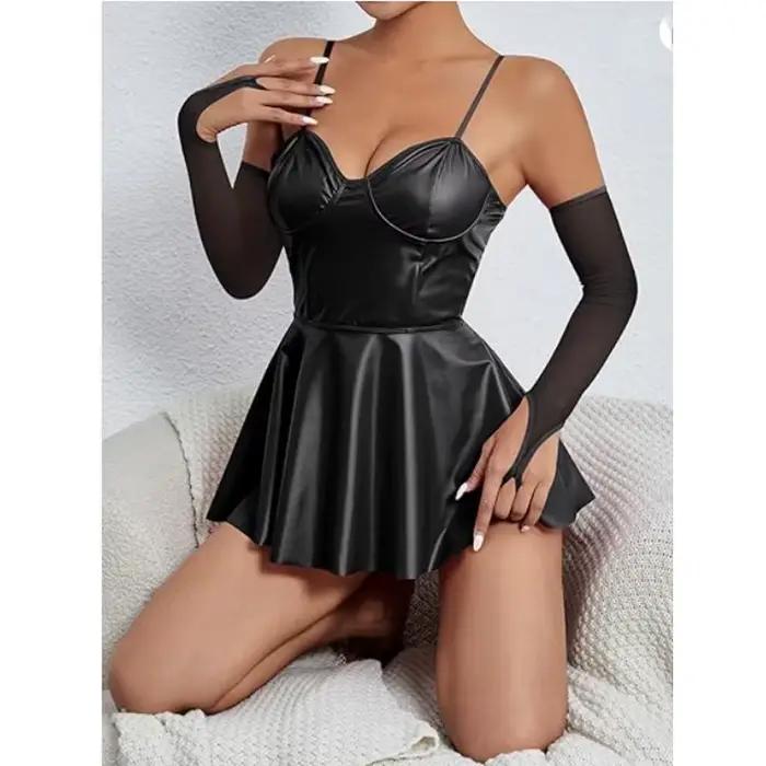 Veľká veľkosť pre ženy Sexy Wetlook kožené šaty s lesklými ramienkami Latex erotické