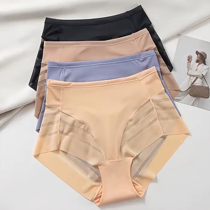 Slip taille moyenne pour femmes, culotte sans couture, maille transparente, haute élasticité, contrôle du ventre, sous-vêtements en soie glacée, Lingerie Sexy