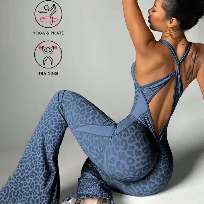 Nouveau body imprimé léopard femmes sans couture pantalons évasés combinaisons Sexy une pièce Fitness costume dos croisé extensible Yoga combinaisons
