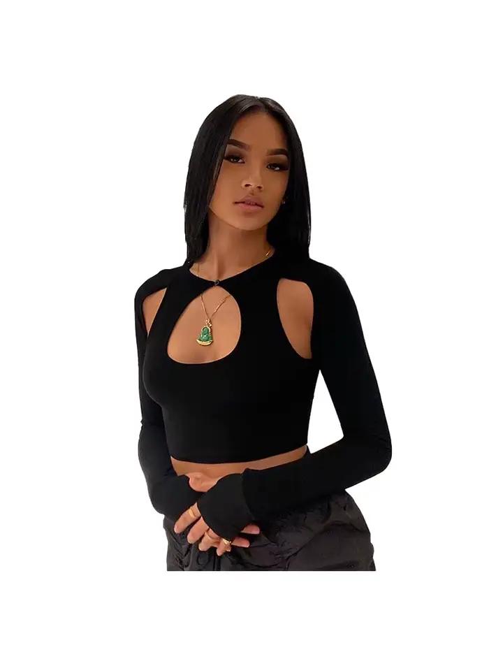 T-Shirt court à manches longues pour femmes, Corset, Sexy, esthétique, Club, col rond, fée Grunge, noir, été, 2023