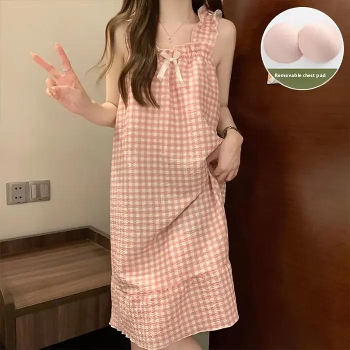 Chemise de nuit pour femme élégante sans manches polyester été mi-mollet tricotée pour dormir et sorties