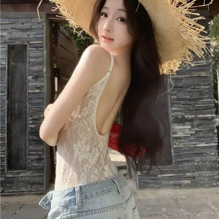 Hottie Style Sexy dentelle body Vintage Sexy voir à travers dos nu Spaghetti sangle combinaison femme fronde coupe ajustée barboteuses combishort