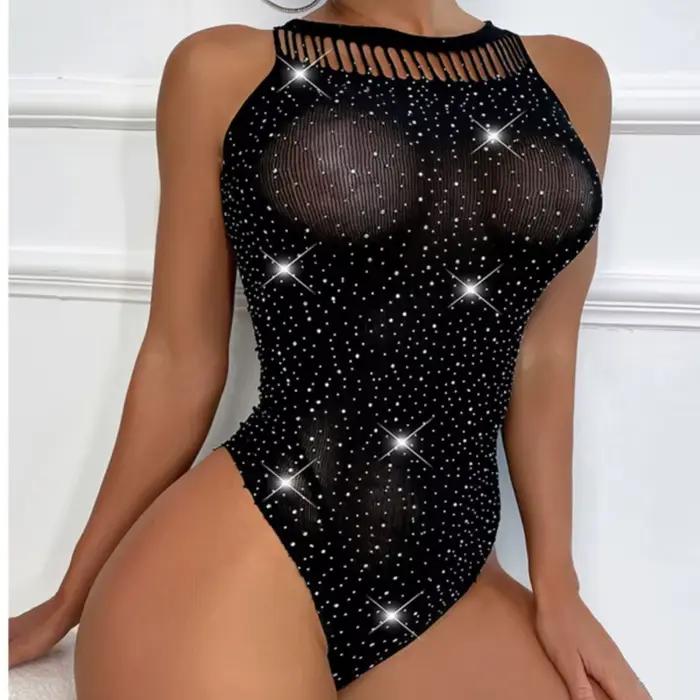 Body noir en résille avec strass scintillants, Lingerie Sexy pour femmes, combinaison transparente d'été en maille, bas de corps Porno