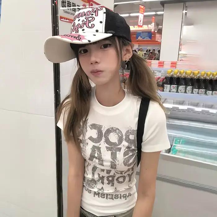 Karrram japonské Y2k tričko s potlačou písmen 2000s štýl s krátkym rukávom crop top Vintage Harajuku rebrované