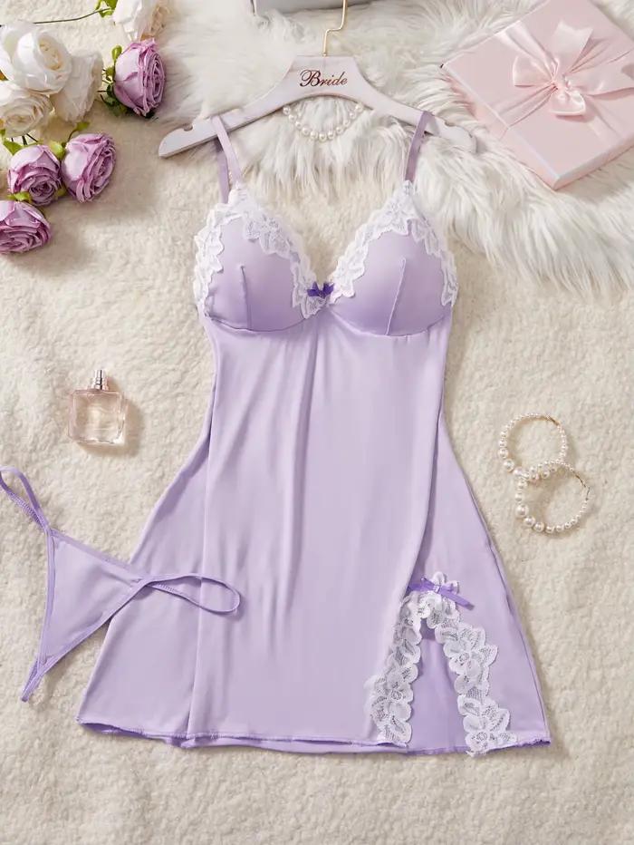 Robe de nuit pour femme en dentelle violette claire avec nœud, style babydoll, ensemble de lingerie, tenues pour femmes